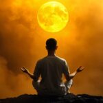 A person meditating, the background is golden and mysterious