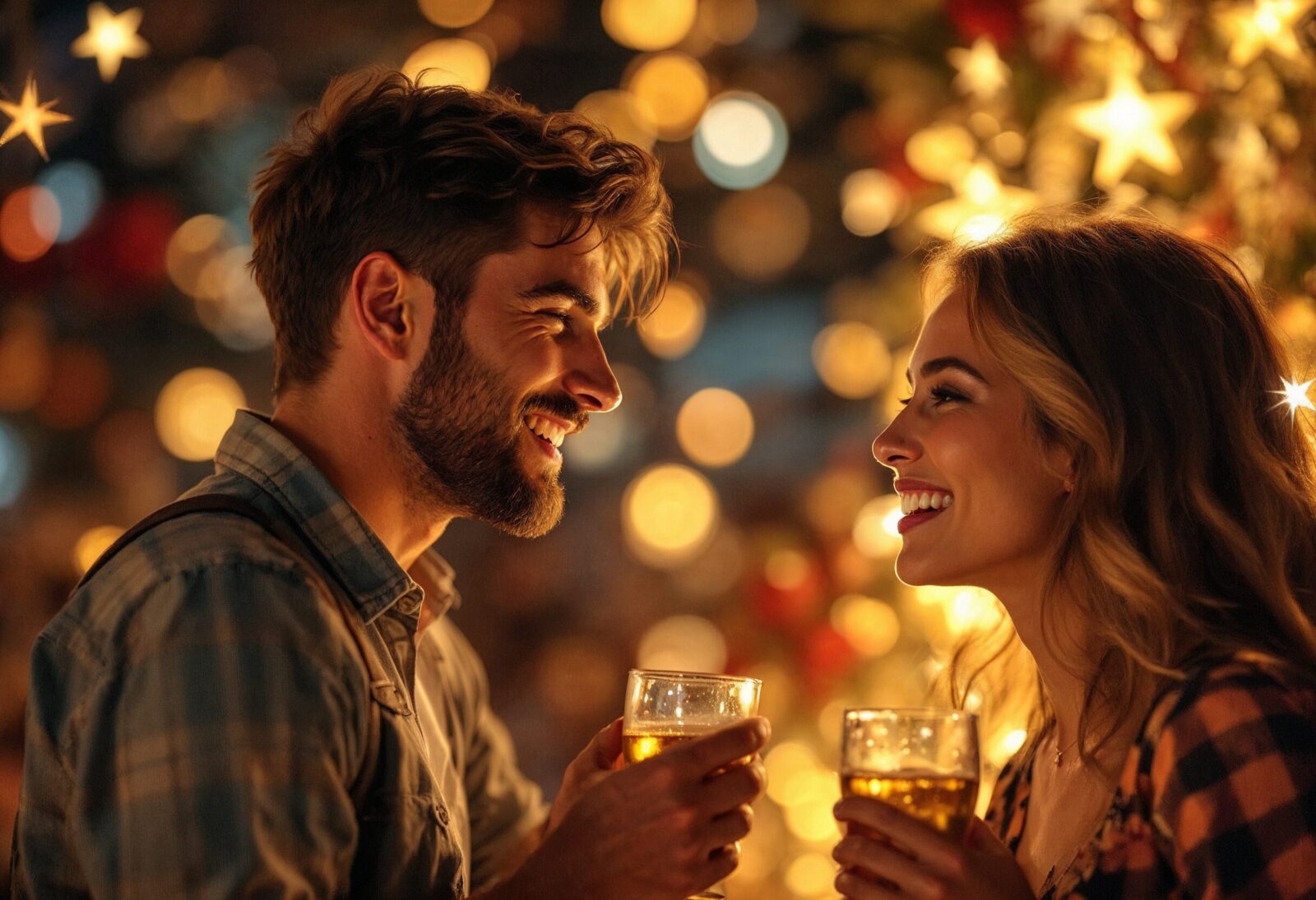 The background is sparkly, realistic images, men and women chatting happily